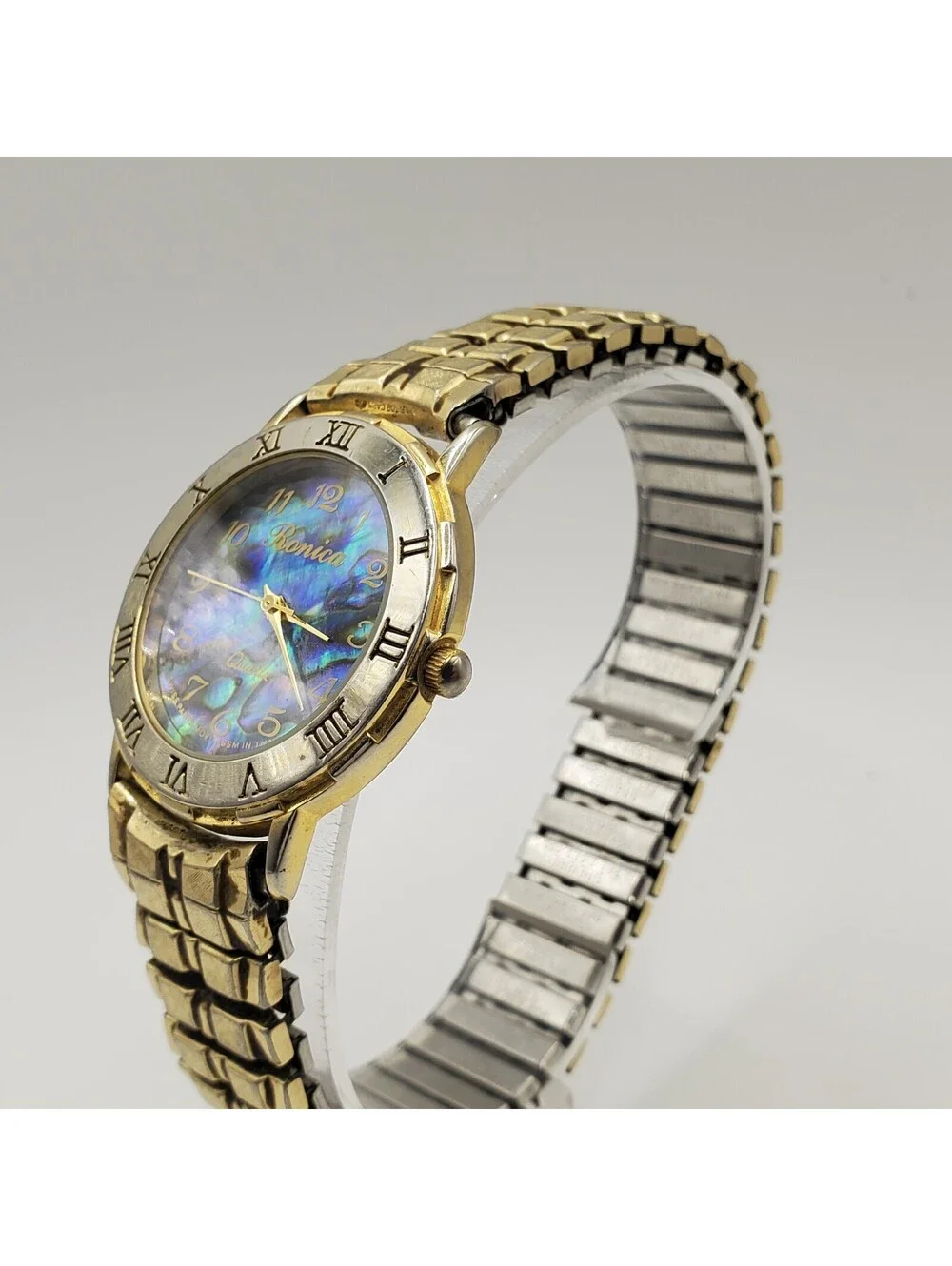 Ronica Watch Women 33mm Abalone MOP Dial Gold Tone Stretch Band New Battery